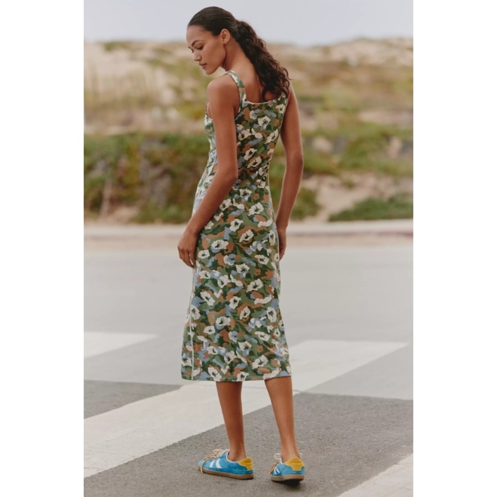 Daily Practice Anthropologie Green Blue Square Neck Floral Camo Midi Dress L - Picture 4 of 11